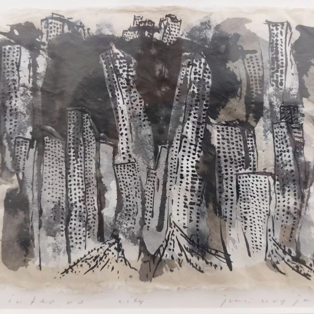 Inferno city, inkdrawing by Jan Doms, now on show in Steps to Heaven together with Han Klinkhamer #jandoms #hanklinkhamer #inkdrawing #oilpaintings