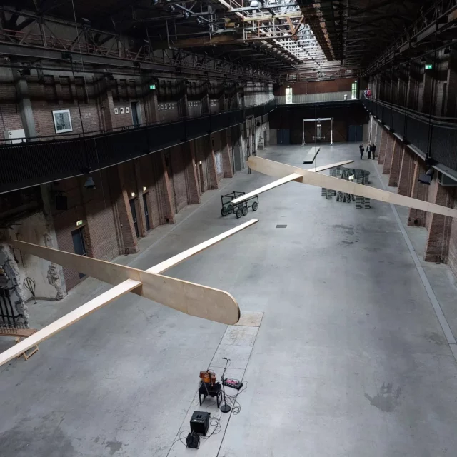 Jan Doms and Han Klinkhamer with Steps to Heaven in the monumental industrial hall Koekbouw Noordkade Veghel. #hanklinkhamer #jandoms #installationart #oilpaintings #drawings #paperart  #linocuts. Until August 4